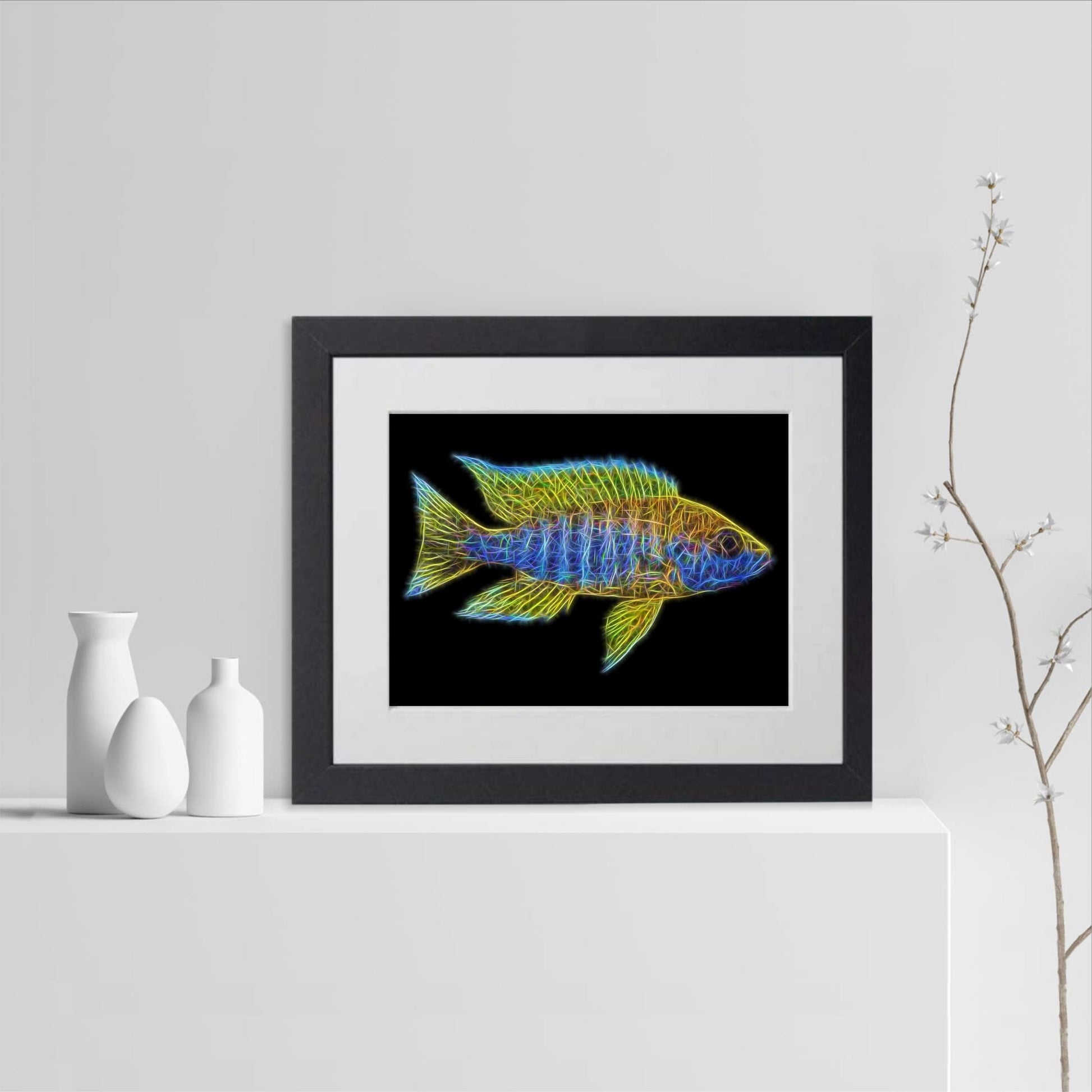 Lemon Jake Peacock Cichlid Fish Print with Stunning Fractal Art Design. Aulonocara