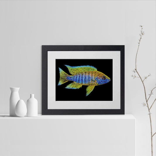 Lemon Jake Peacock Cichlid Fish Print with Stunning Fractal Art Design. Aulonocara