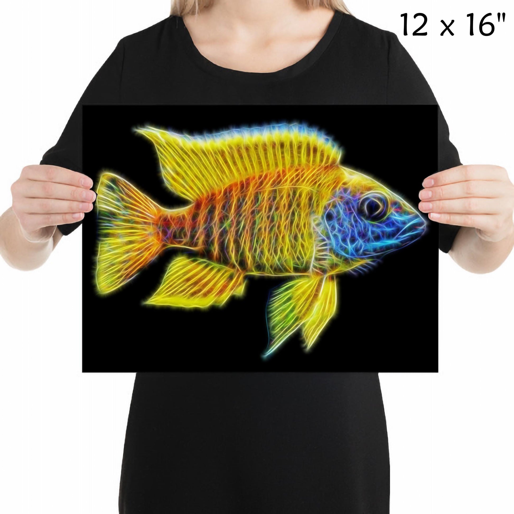 Yellow Sunshine Peacock Cichlid Fish Print with Stunning Fractal Art Design. Aulonocara