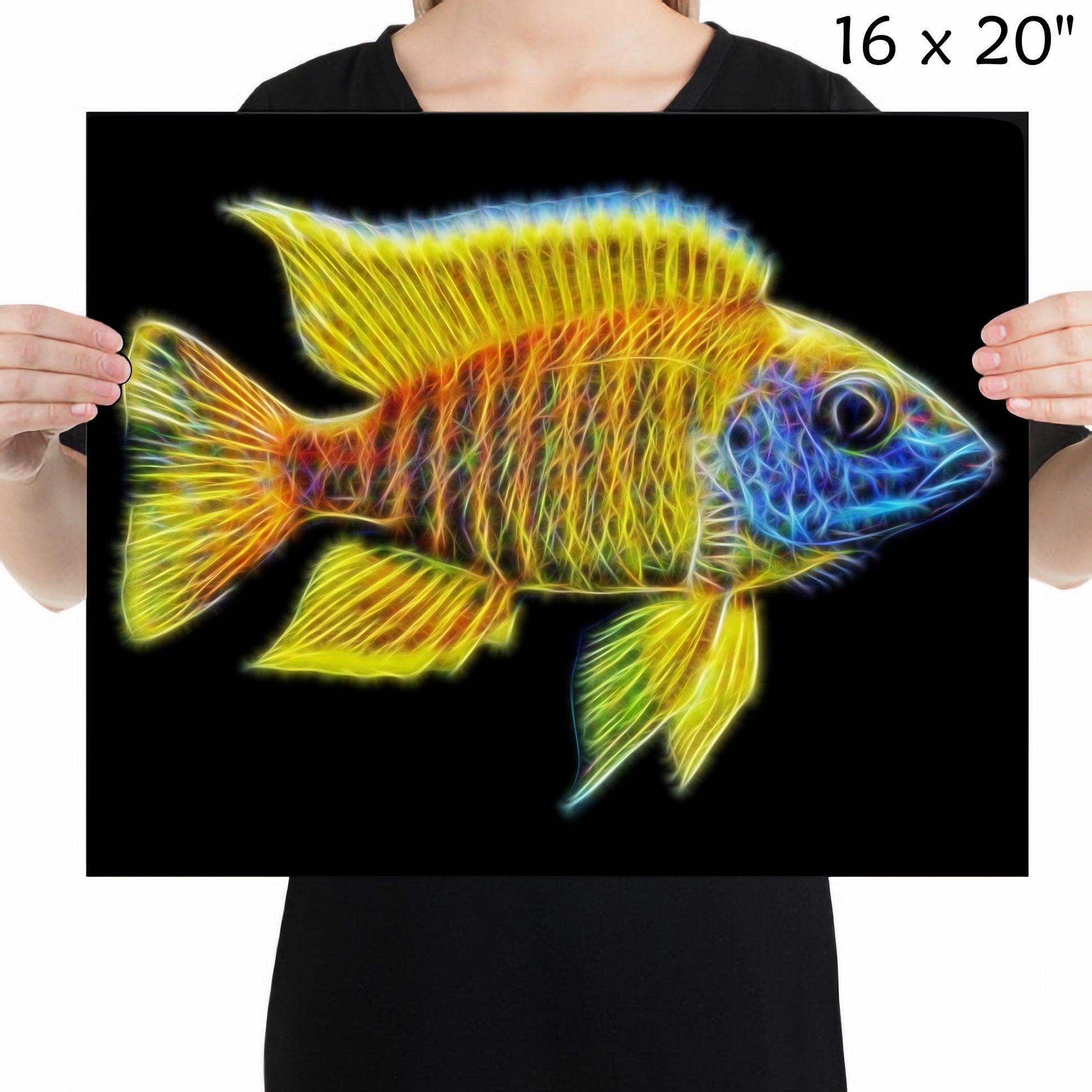 Yellow Sunshine Peacock Cichlid Fish Print with Stunning Fractal Art Design. Aulonocara