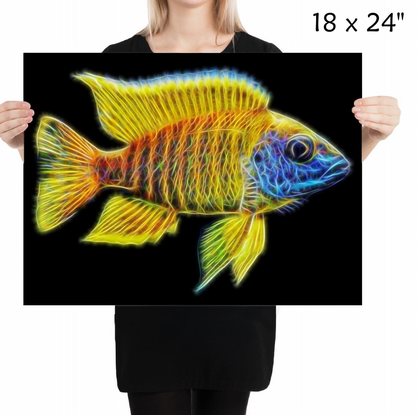 Yellow Sunshine Peacock Cichlid Fish Print with Stunning Fractal Art Design. Aulonocara