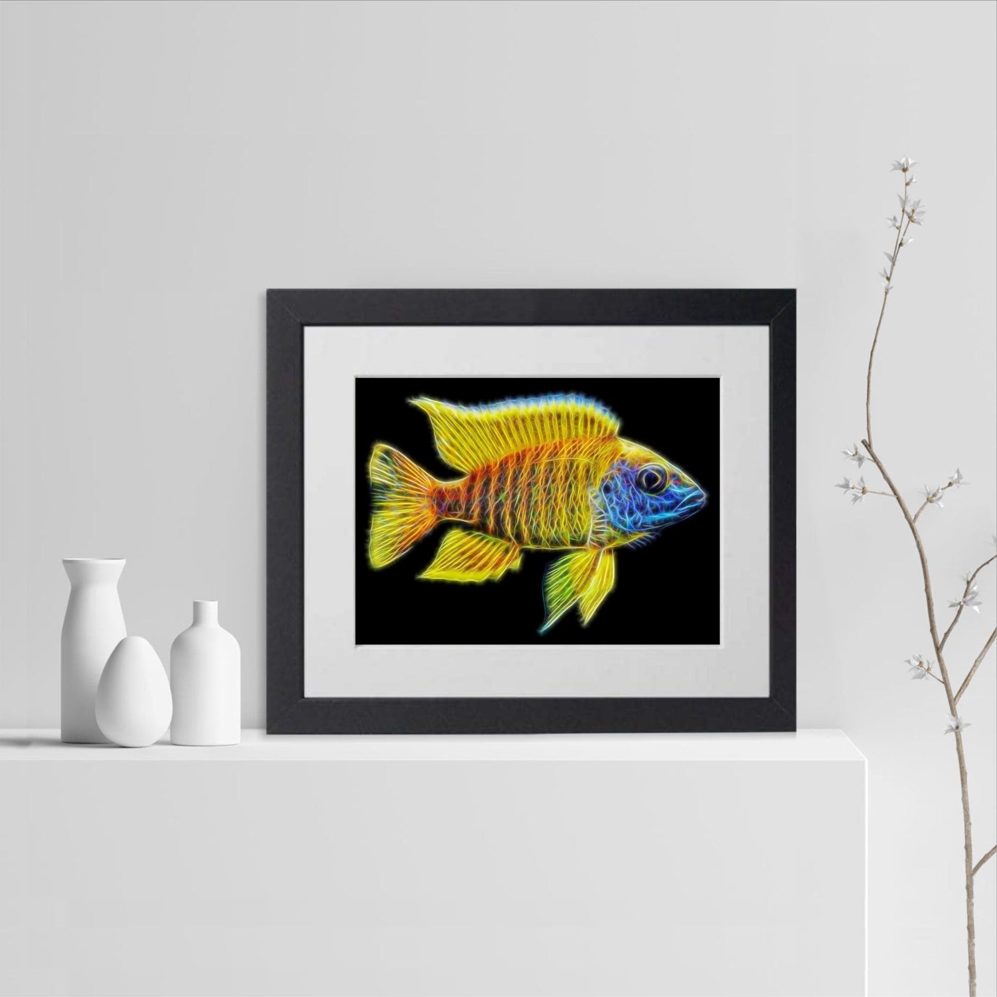 Yellow Sunshine Peacock Cichlid Fish Print with Stunning Fractal Art Design. Aulonocara