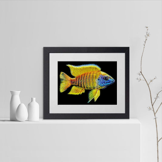 Yellow Sunshine Peacock Cichlid Fish Print with Stunning Fractal Art Design. Aulonocara