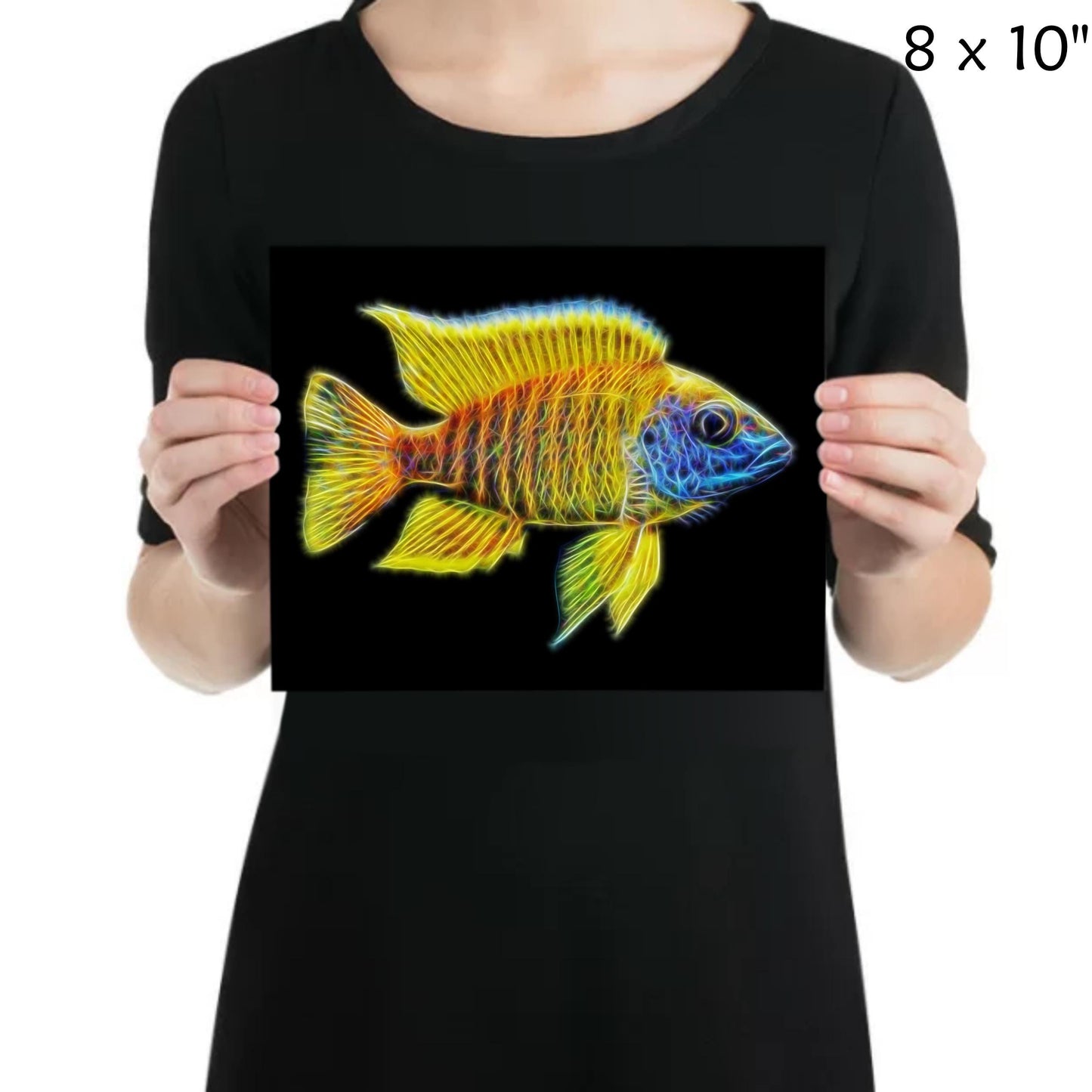 Yellow Sunshine Peacock Cichlid Fish Print with Stunning Fractal Art Design. Aulonocara