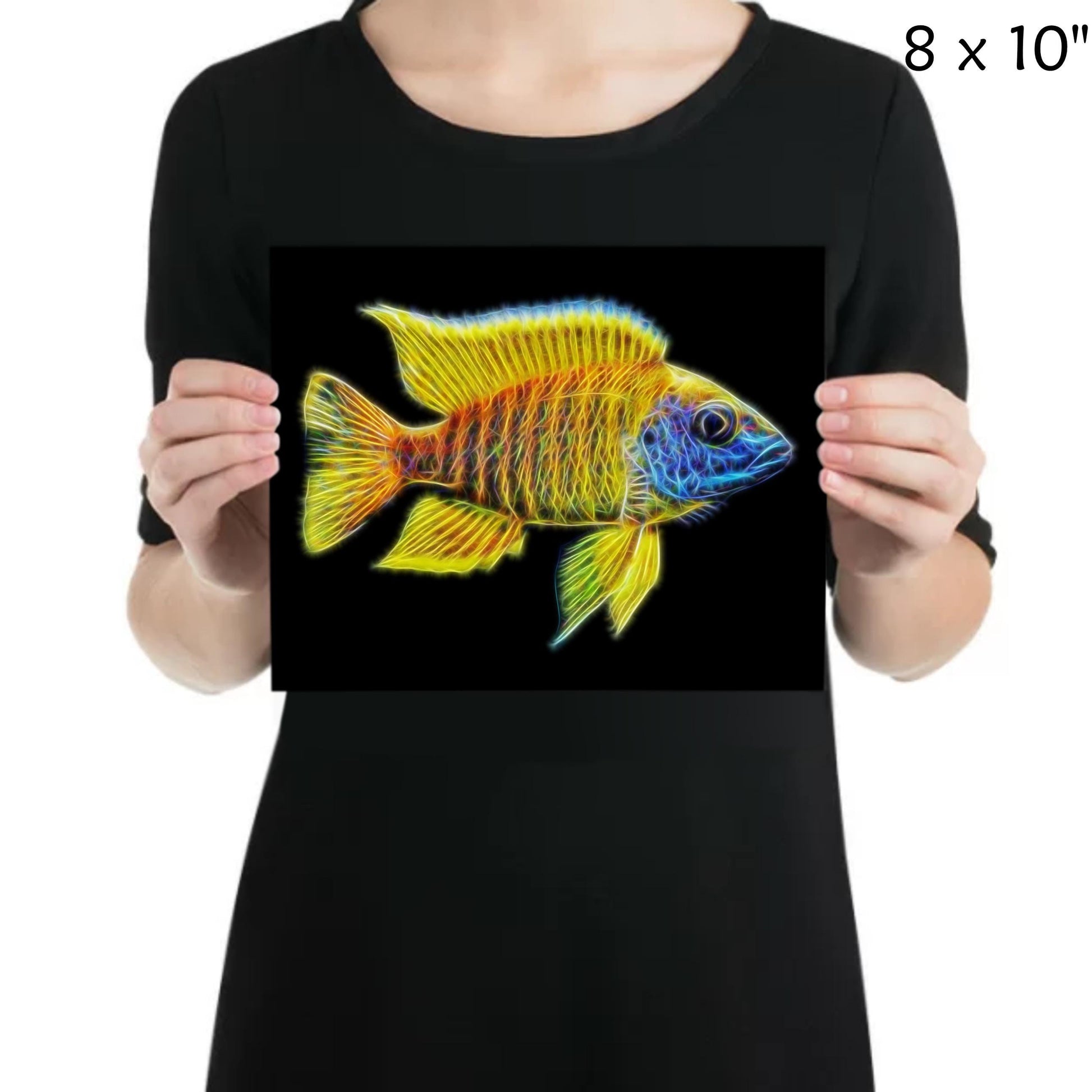 Yellow Sunshine Peacock Cichlid Fish Print with Stunning Fractal Art Design. Aulonocara