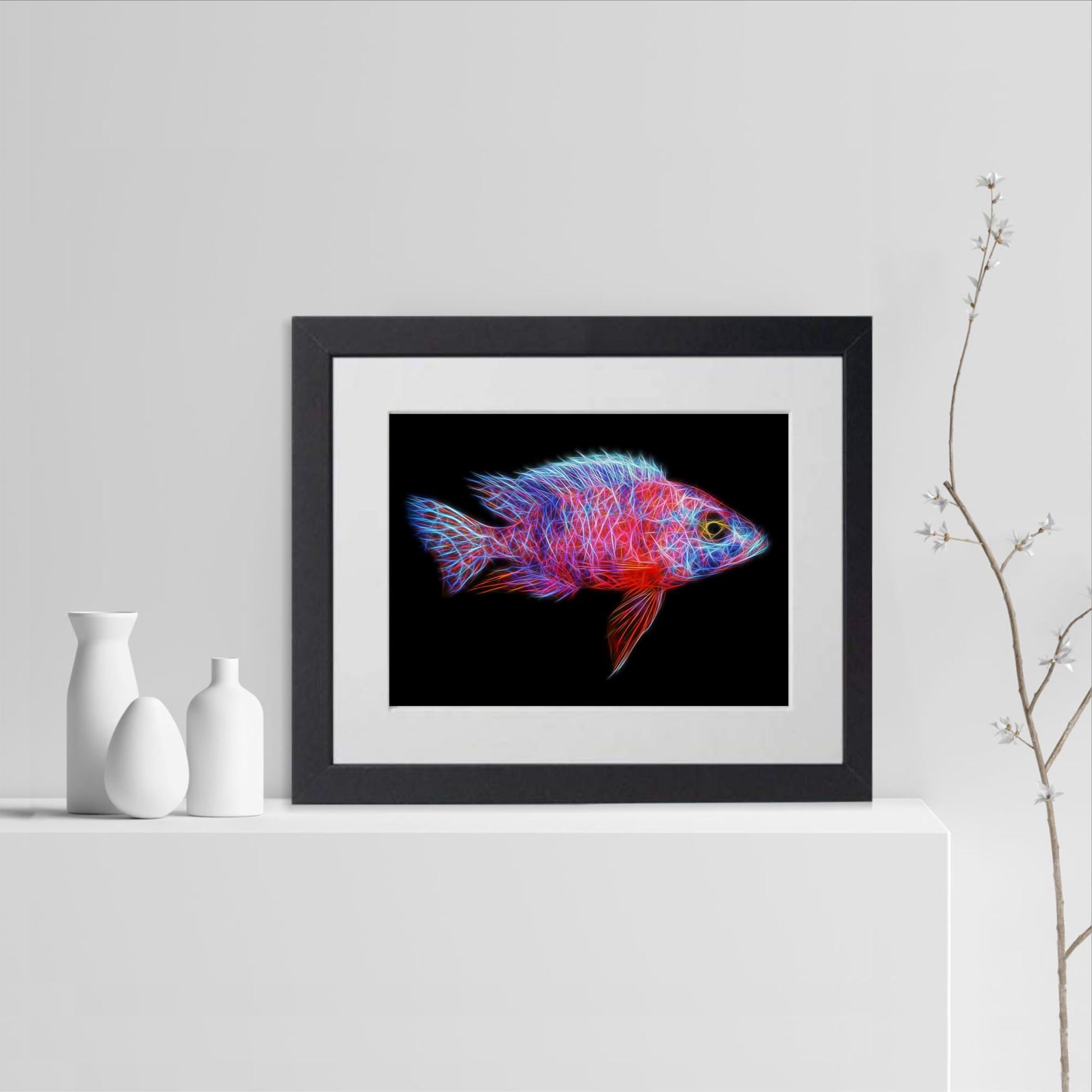 Red OB Peacock Cichlid Fish Print with Stunning Fractal Art Design. Aulonocara