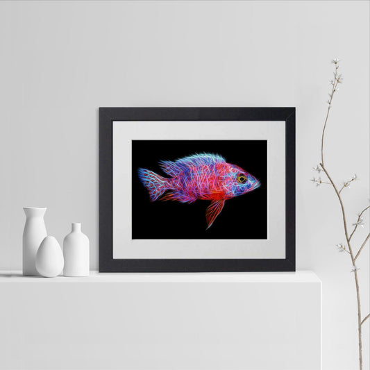 Red OB Peacock Cichlid Fish Print with Stunning Fractal Art Design. Aulonocara