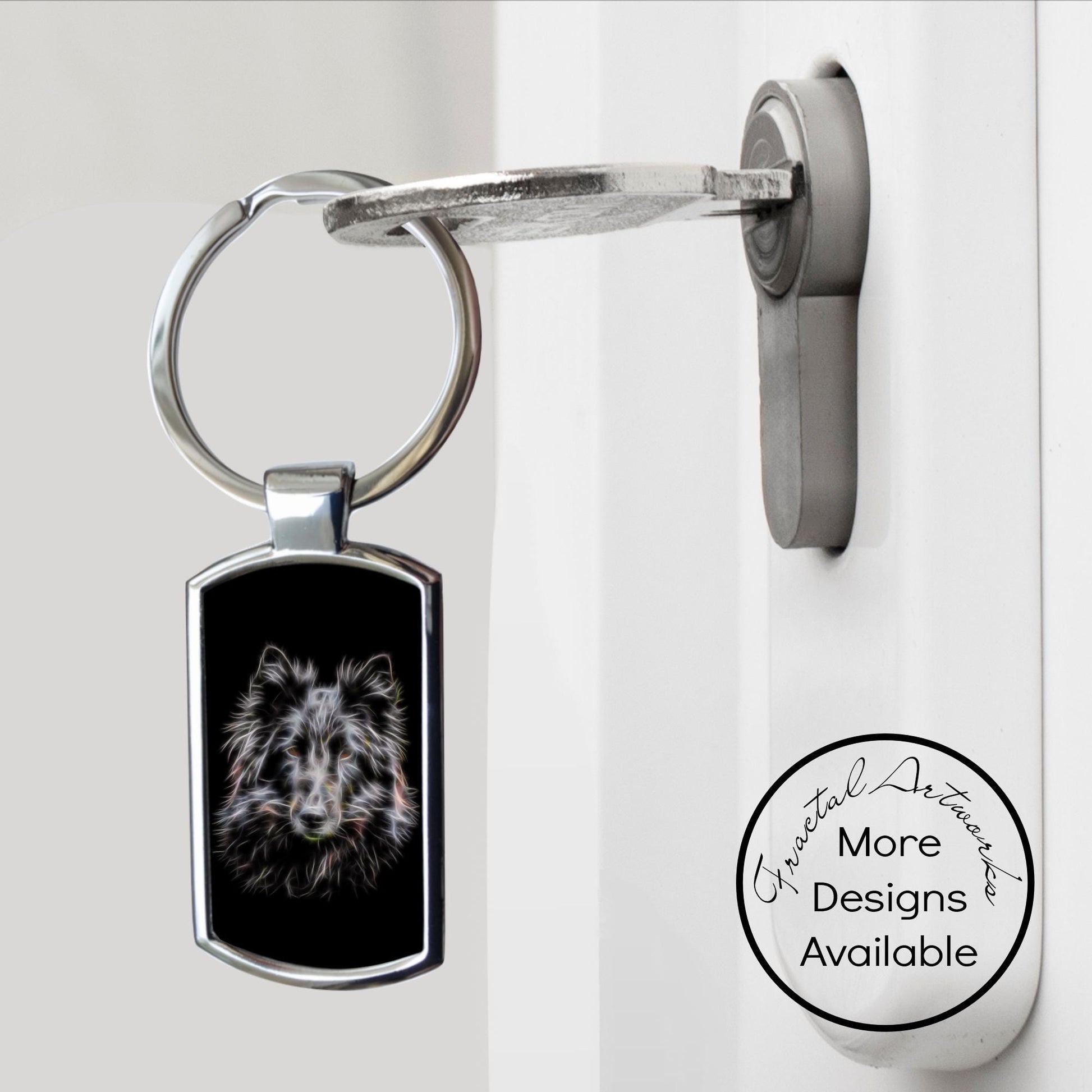 Black Belgian Groenendael Shepherd Keychain with Fractal Art Design.