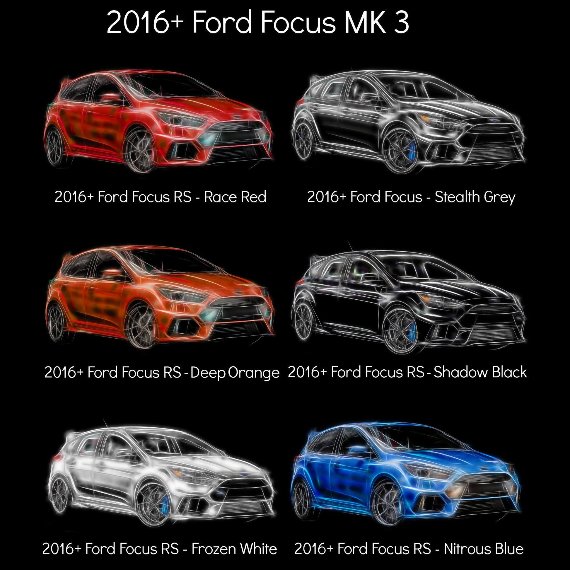 Ford Focus RS Car Metal Keychain with Stunning Fractal Art Design. Available in a Variety of Colours.