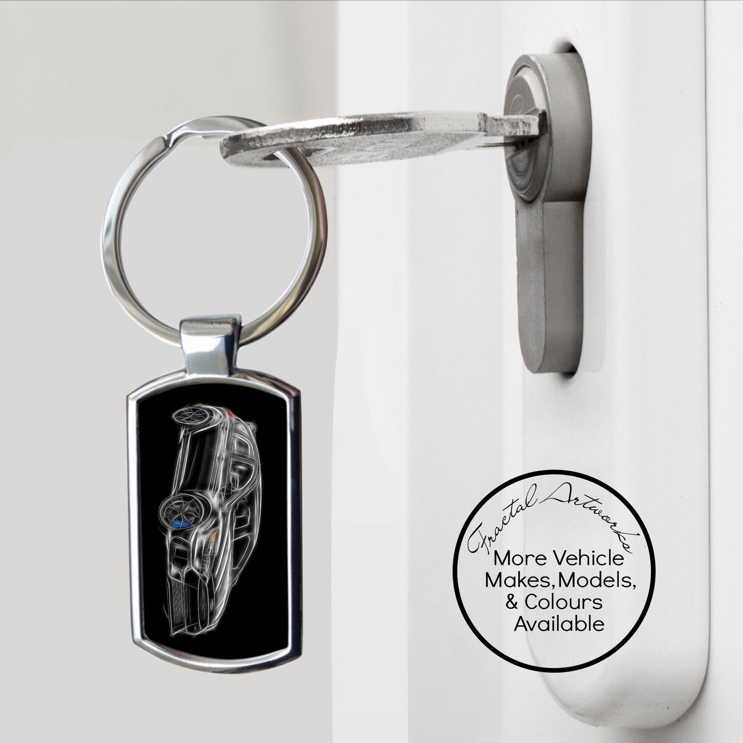 Ford Focus RS Car Metal Keychain with Stunning Fractal Art Design. Available in a Variety of Colours.
