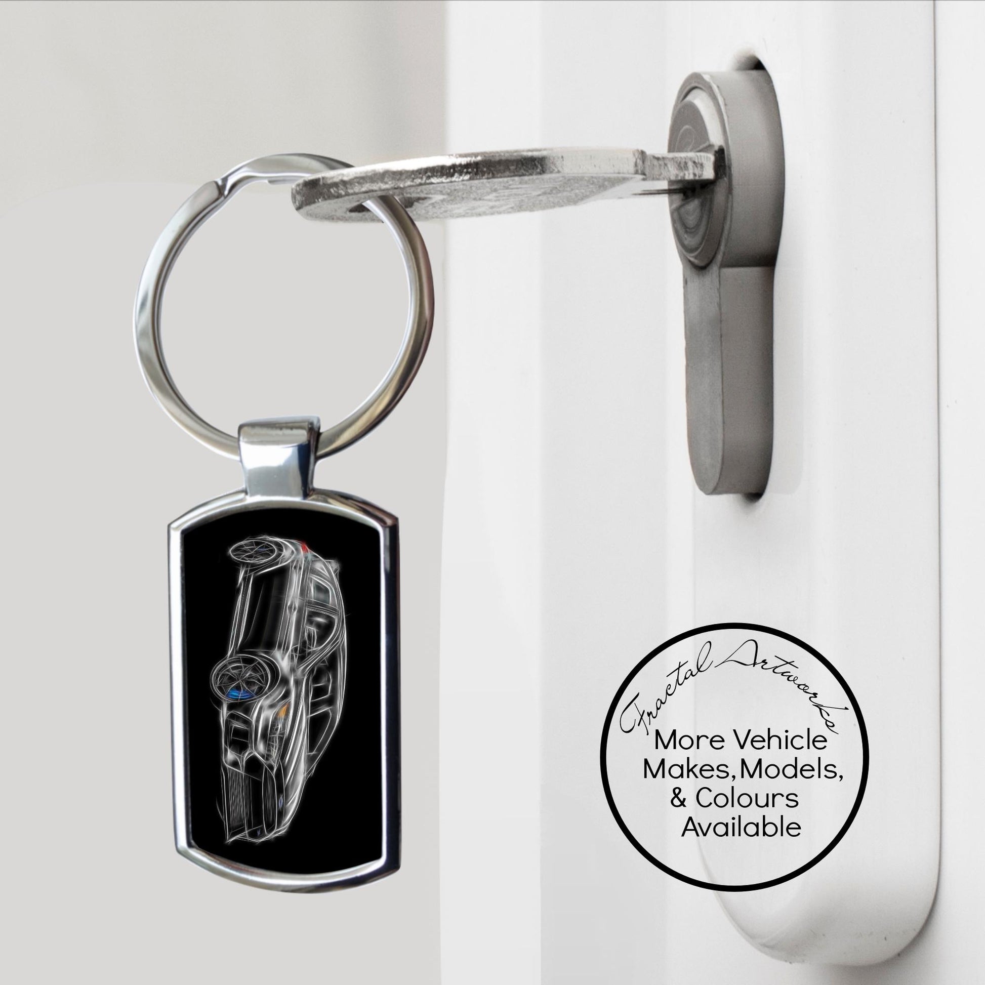 Ford Focus RS Car Metal Keychain with Stunning Fractal Art Design. Available in a Variety of Colours.