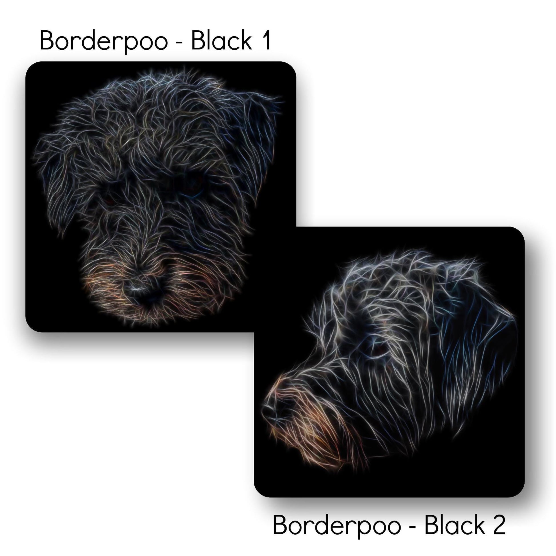 Black Borderpoo (Border Terrier Poo / Borderdoodle) Coasters, Set of 2, with Stunning Fractal Art Design. (Set 2)