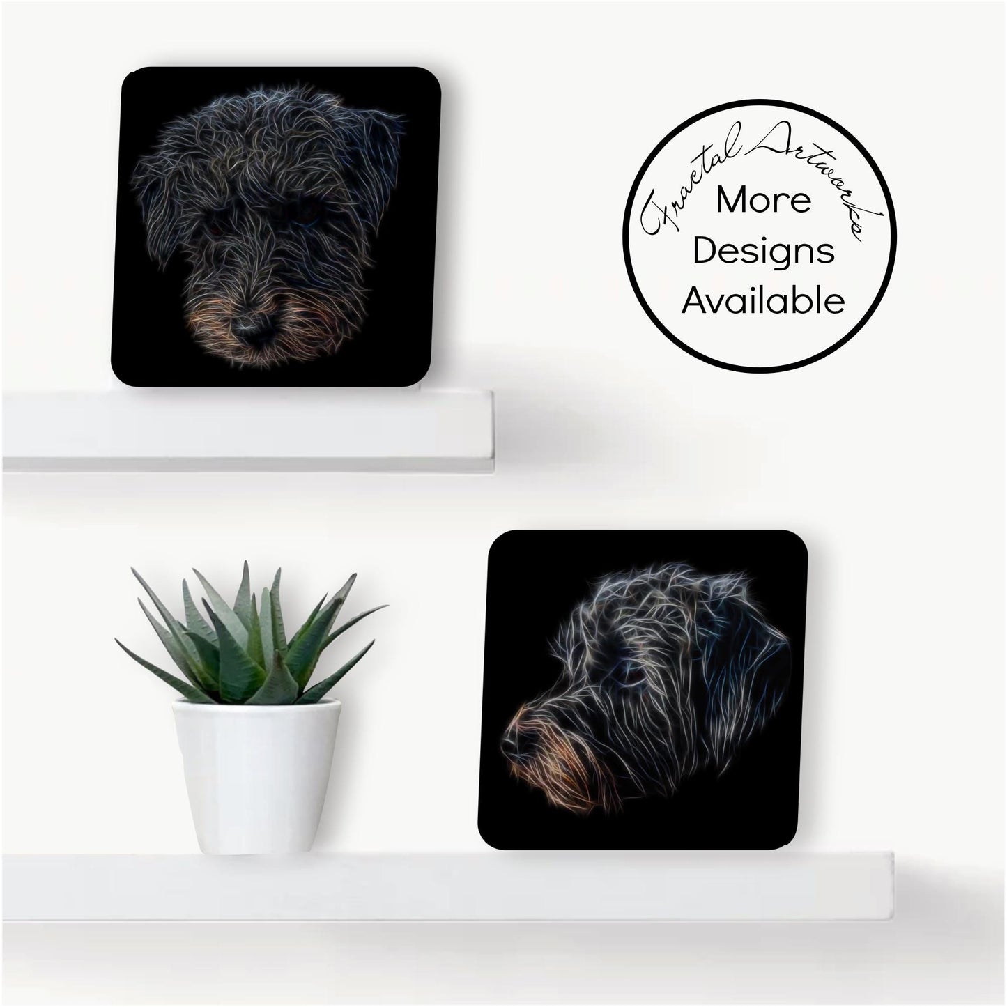 Black Borderpoo (Border Terrier Poo / Borderdoodle) Coasters, Set of 2, with Stunning Fractal Art Design. (Set 2)
