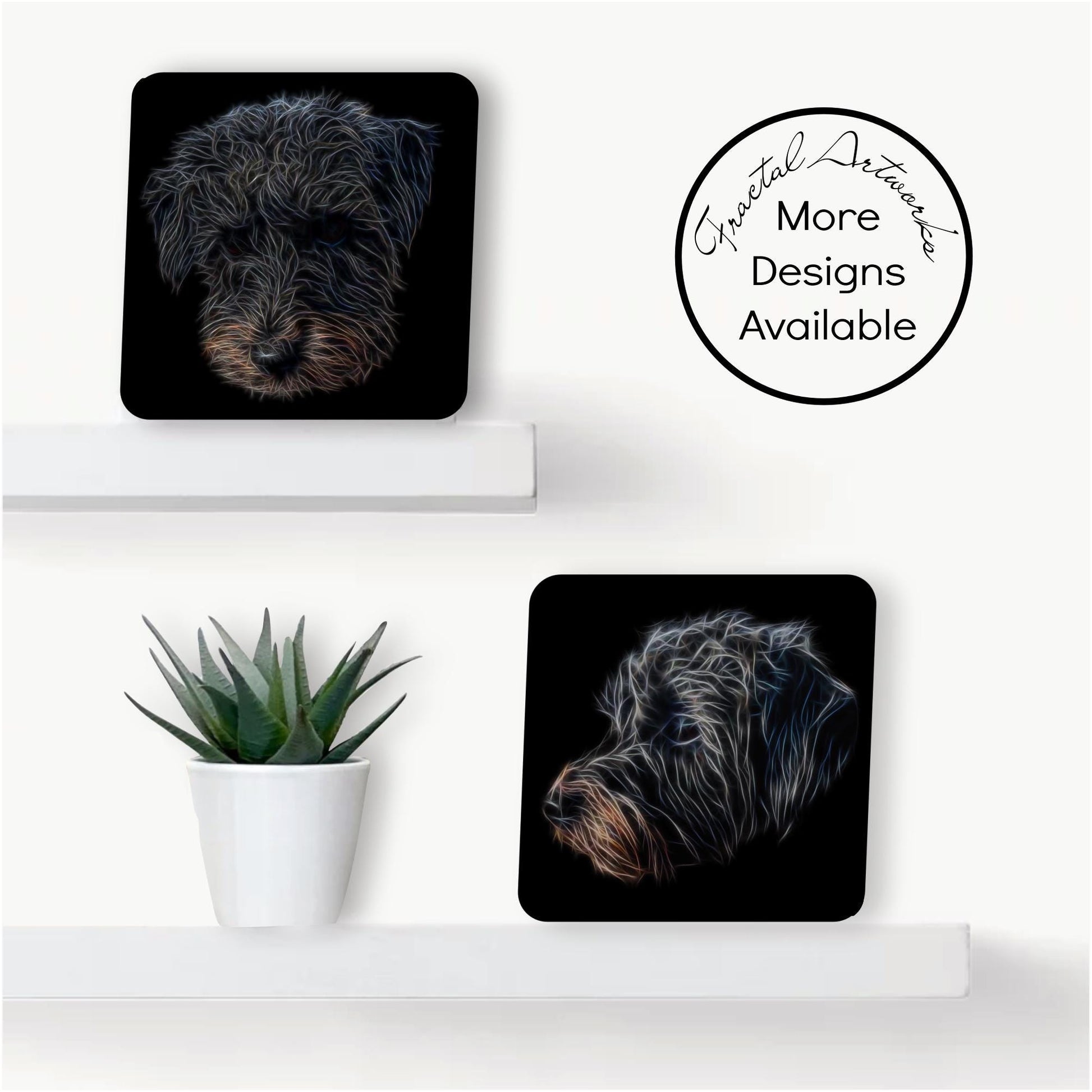 Black Borderpoo (Border Terrier Poo / Borderdoodle) Coasters, Set of 2, with Stunning Fractal Art Design. (Set 2)
