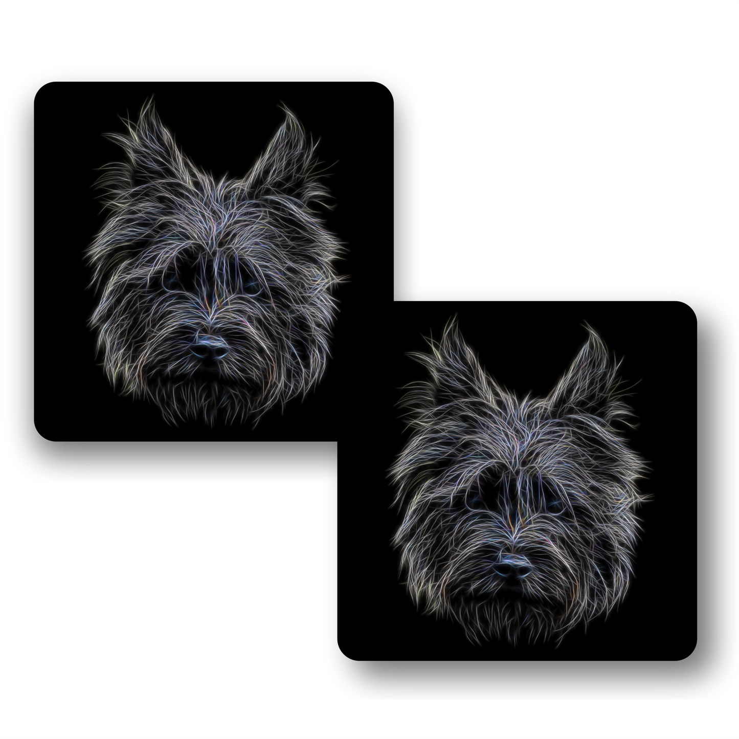 Black Cairn Terrier Coasters, Set of 2, with Stunning Fractal Art Design.