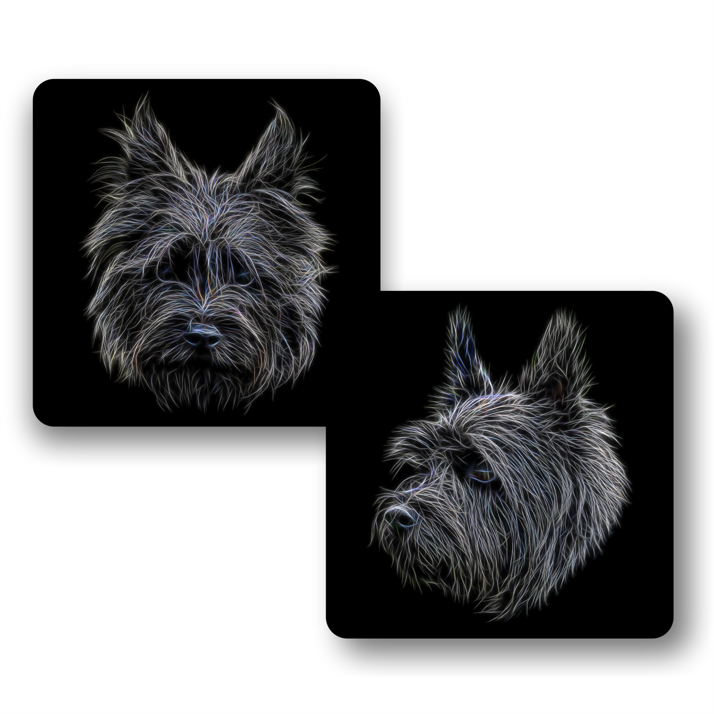Black Cairn Terrier Coasters, Set of 2, with Stunning Fractal Art Design.