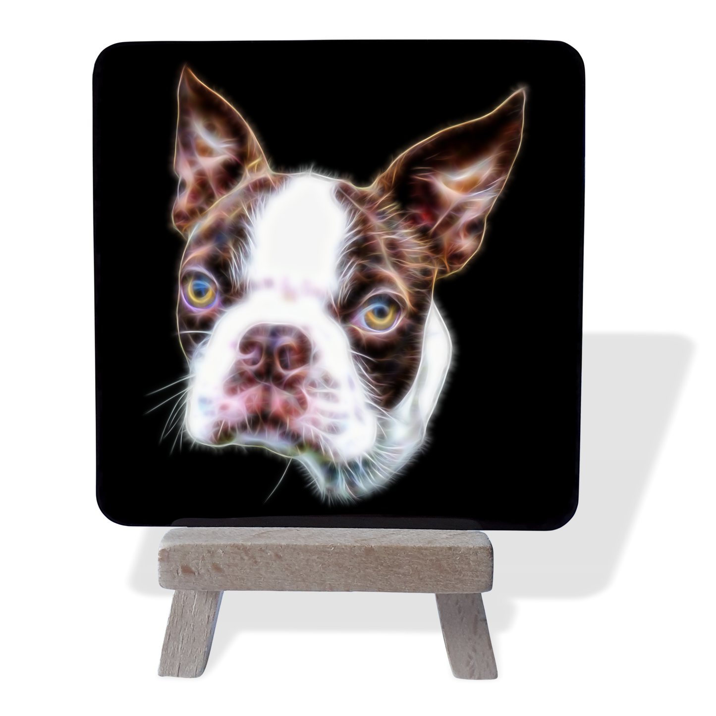 Boston Terrier - Brown and White Boston Terrier Metal Plaque and Mini Easel with Fractal Art Design