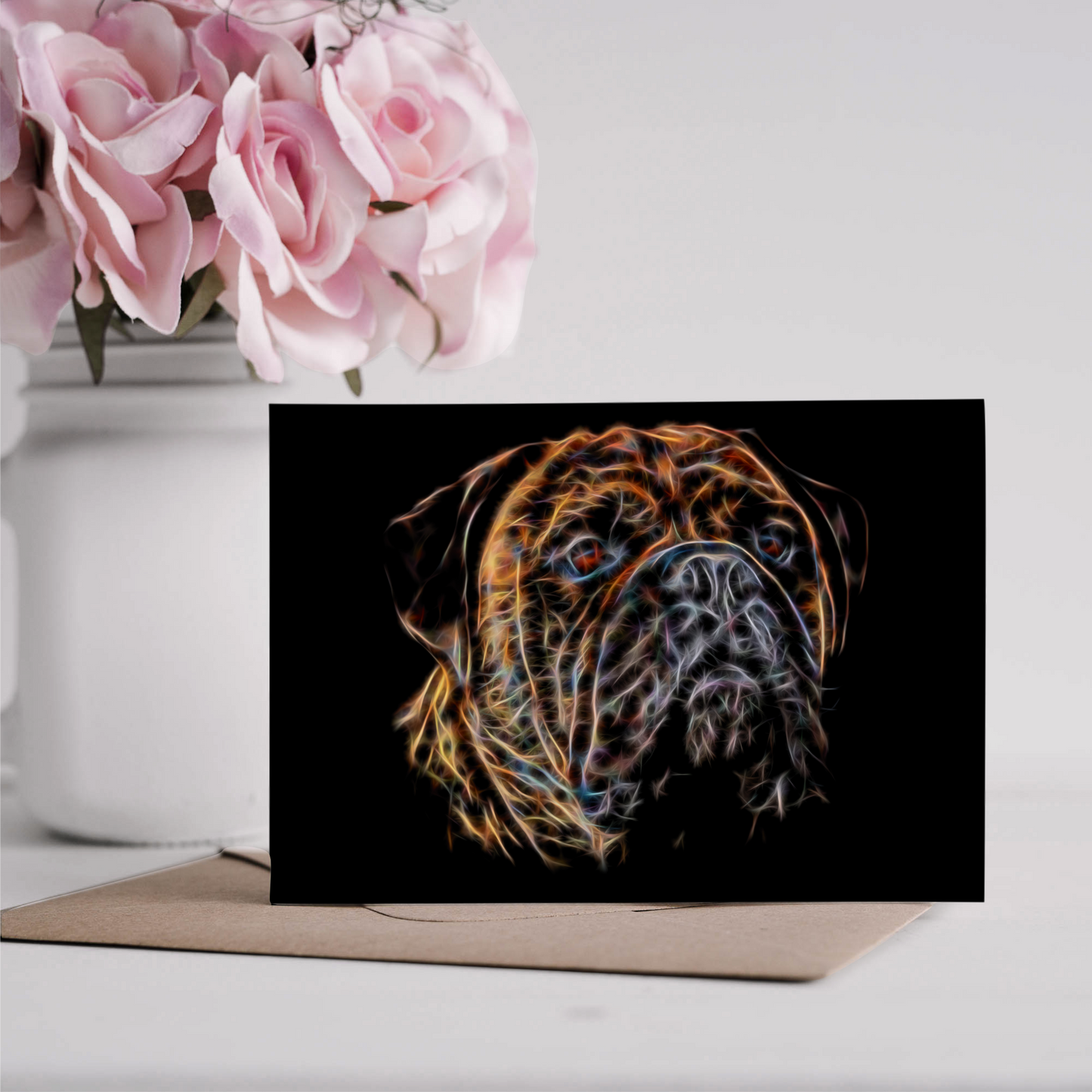 Brindle Bullmastiff Greeting Card with Stunning Fractal Art Design