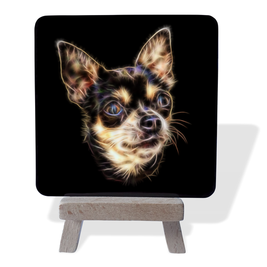 Short Hair Chocolate and Tan Chihuahua Metal Plaque and Mini Easel with Fractal Art Design