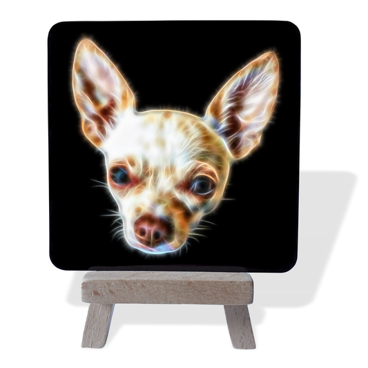 Short Hair Tan Chihuahua Metal Plaque and Mini Easel with Fractal Art Design