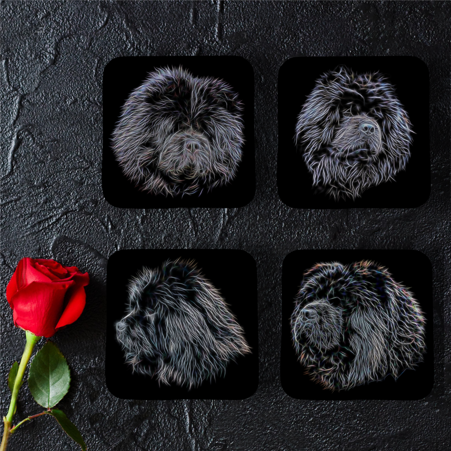 Chow Chow - Black Chow Chow Coasters with Fractal Art Design
