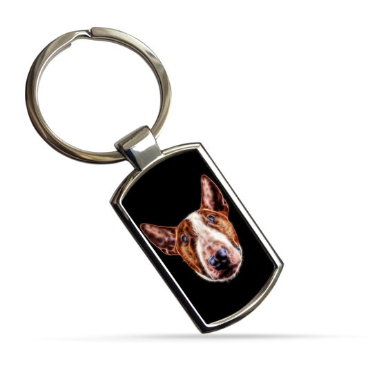 Red and White English Bull Terrier Metal Rectangle Keyring