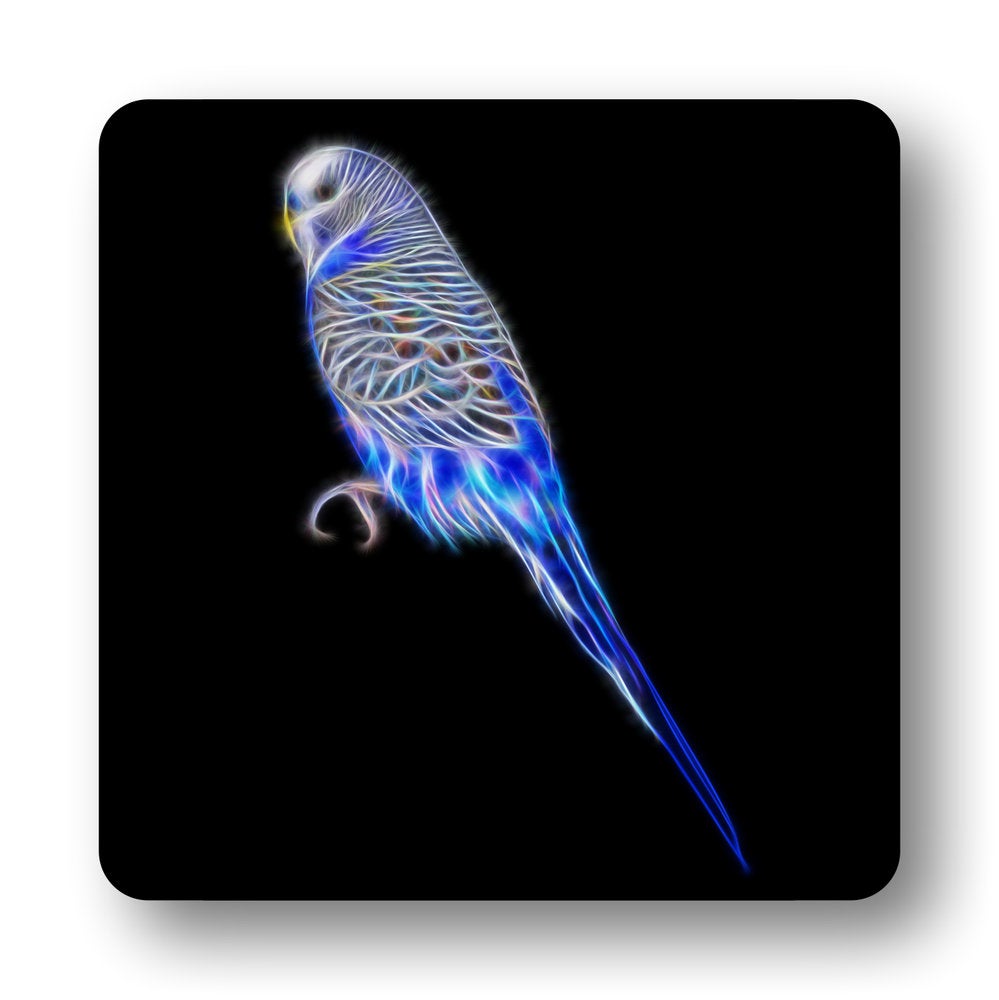 Budgie Coasters, Set of 2, with Stunning Fractal Art Design. Blue and Green Budgerigars