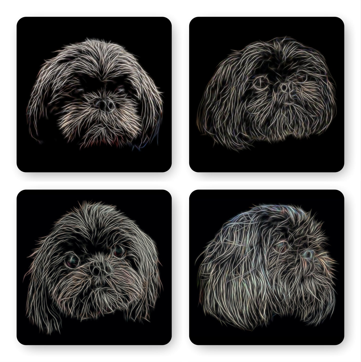 Black Shih Tzu Coasters, Set of 4, with Fractal Art Design, Perfect Shih Tzu Owner Gift