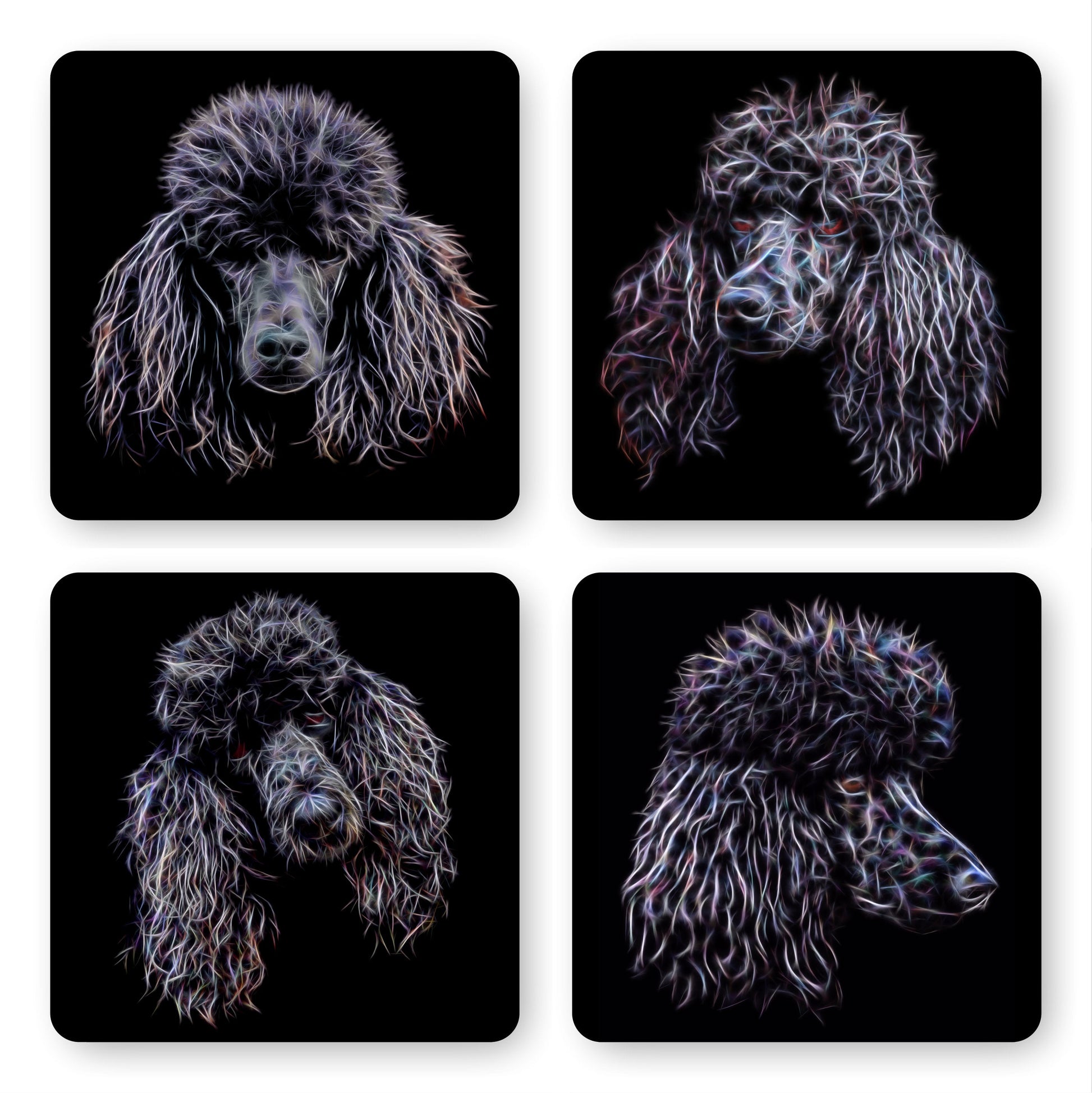 Black Standard Poodle Coasters, Set of 4, with Stunning Fractal Art Design.