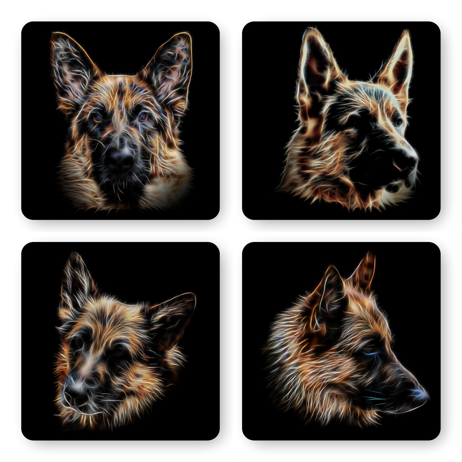 Black & Tan German Shepherd Coasters, Set of 4, with Stunning Fractal Art Design. Perfect Dog Lover Gift.