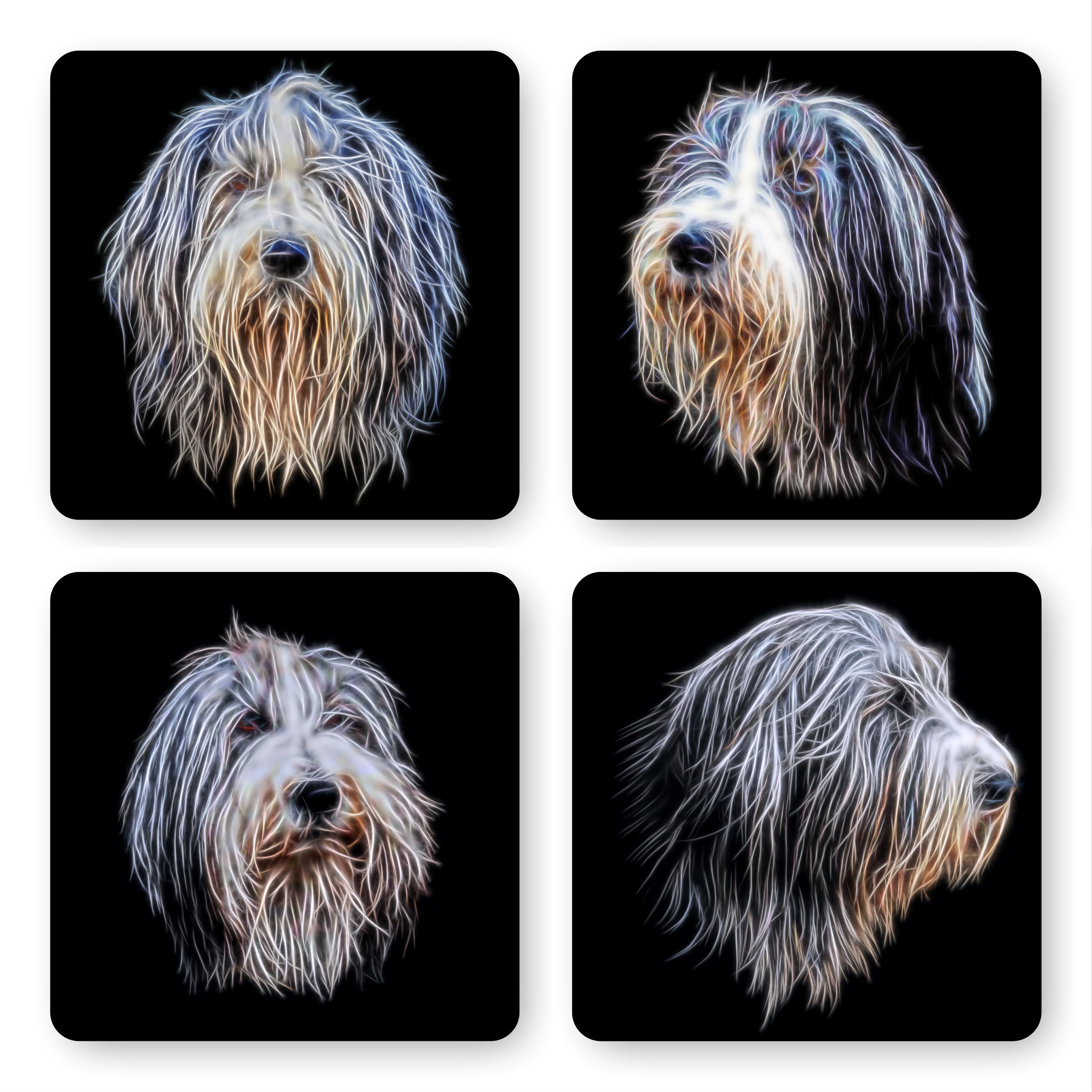 Bearded Collie Coasters with Fractal Art Design Perfect Bearded