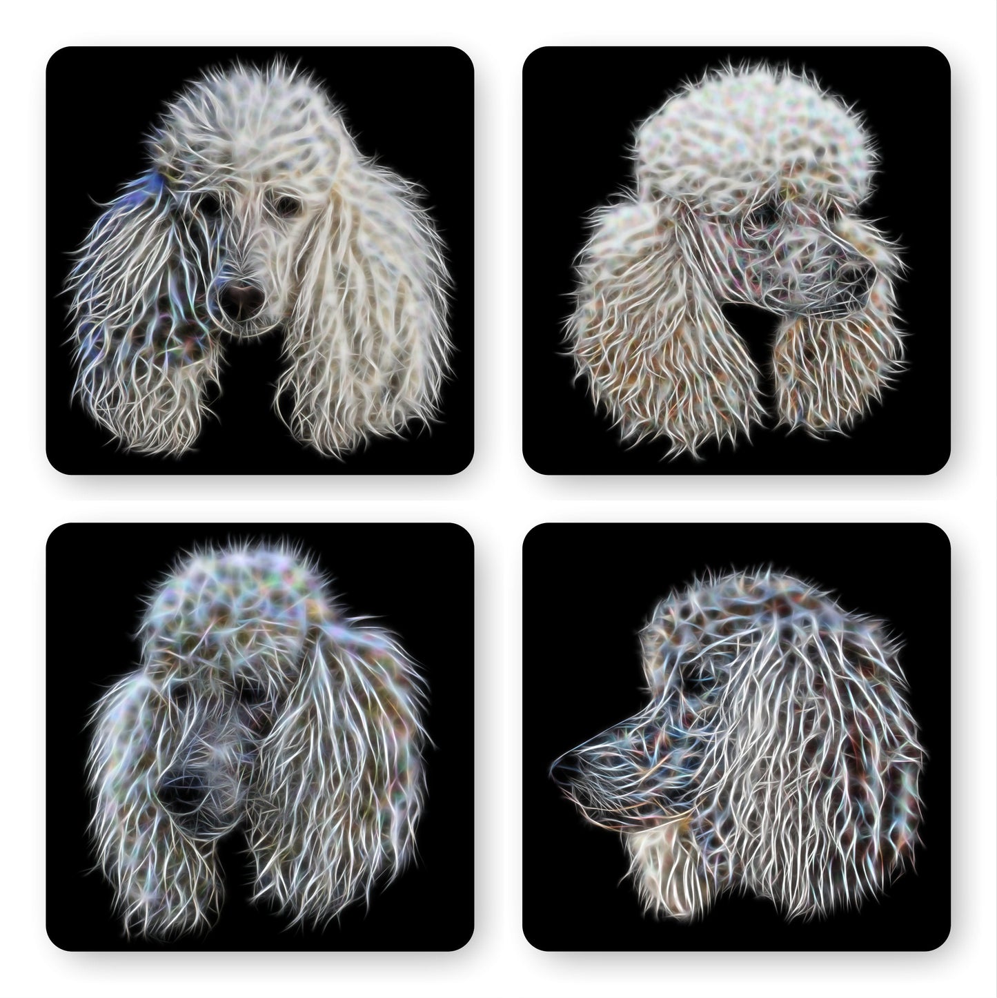 White Standard Poodle Coasters, Set of 4, with Stunning Fractal Art Design. Perfect Poodle Owner Gift.