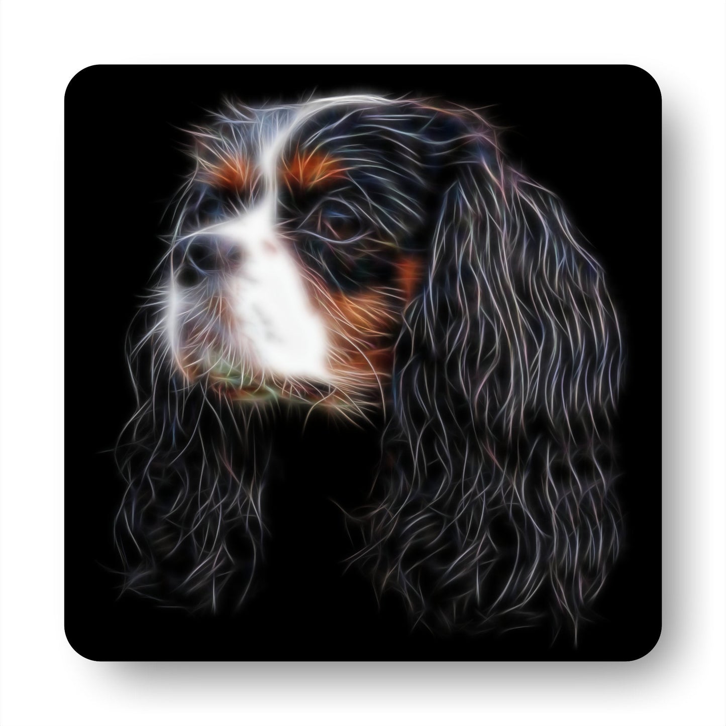 Tricolour King Charles Spaniel Coasters, Set of 4, with Fractal Art Design
