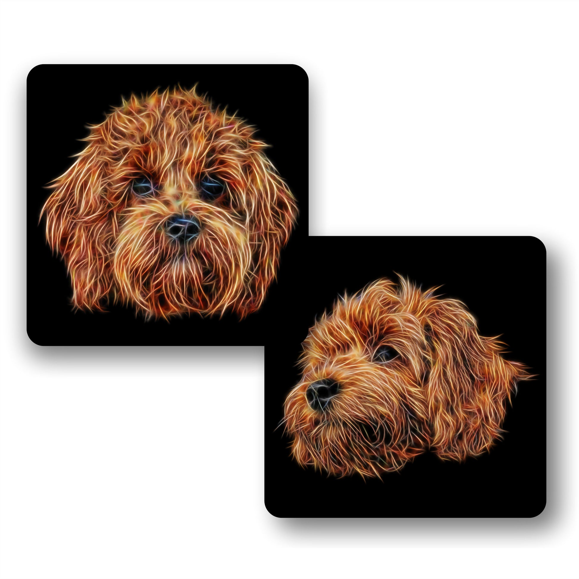 Red Cavapoo Coasters, Set of 2, with Stunning Fractal Art Design.