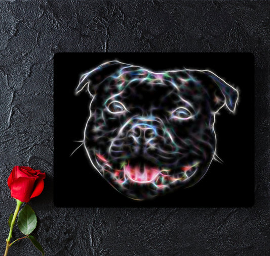 Black Staffordshire Bull Terrier Metal Plaque with Fractal Art Design. Also available as Mouse Pad, Keychain or Coaster.