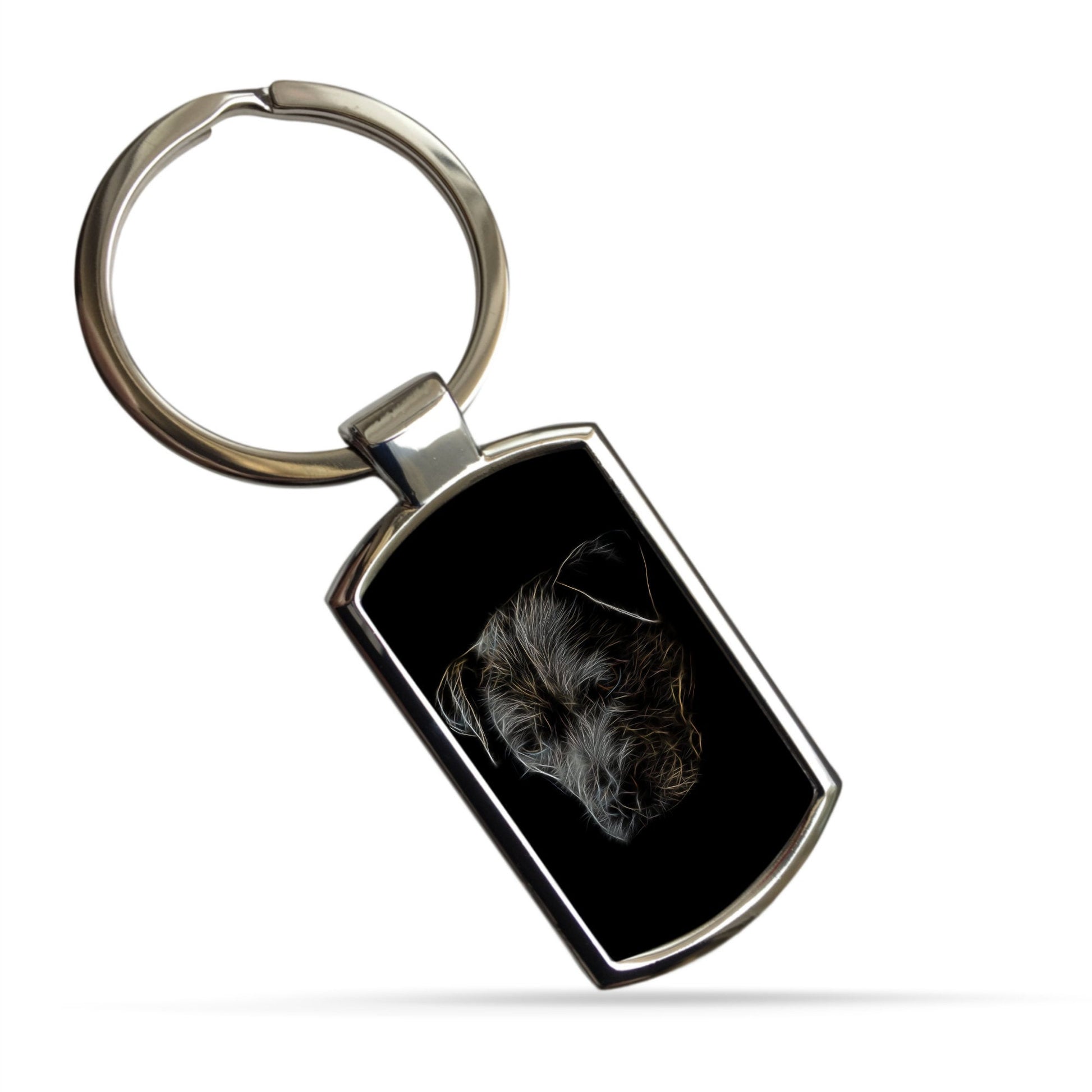 Black Staffordshire Bull Terrier Metal Keychain with Fractal Art Design.