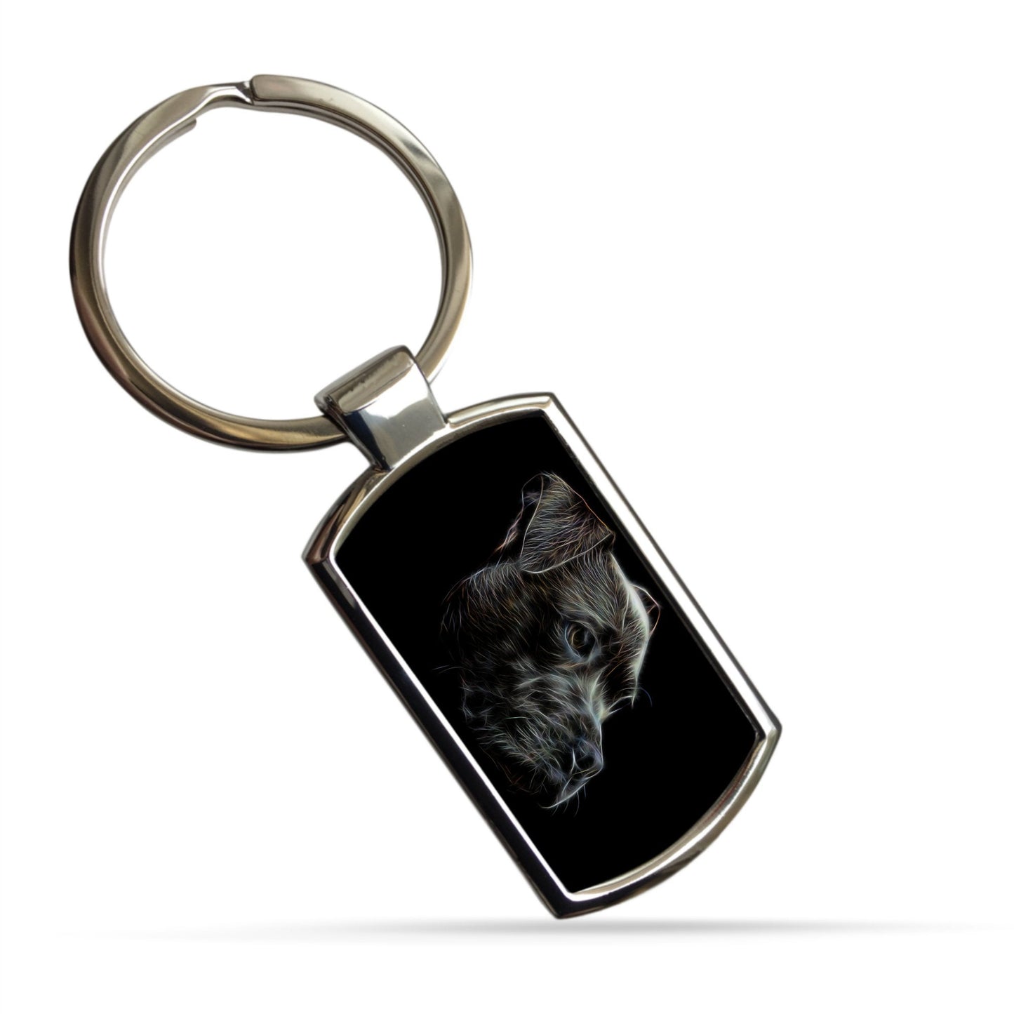 Black Staffordshire Bull Terrier Metal Keychain with Fractal Art Design.