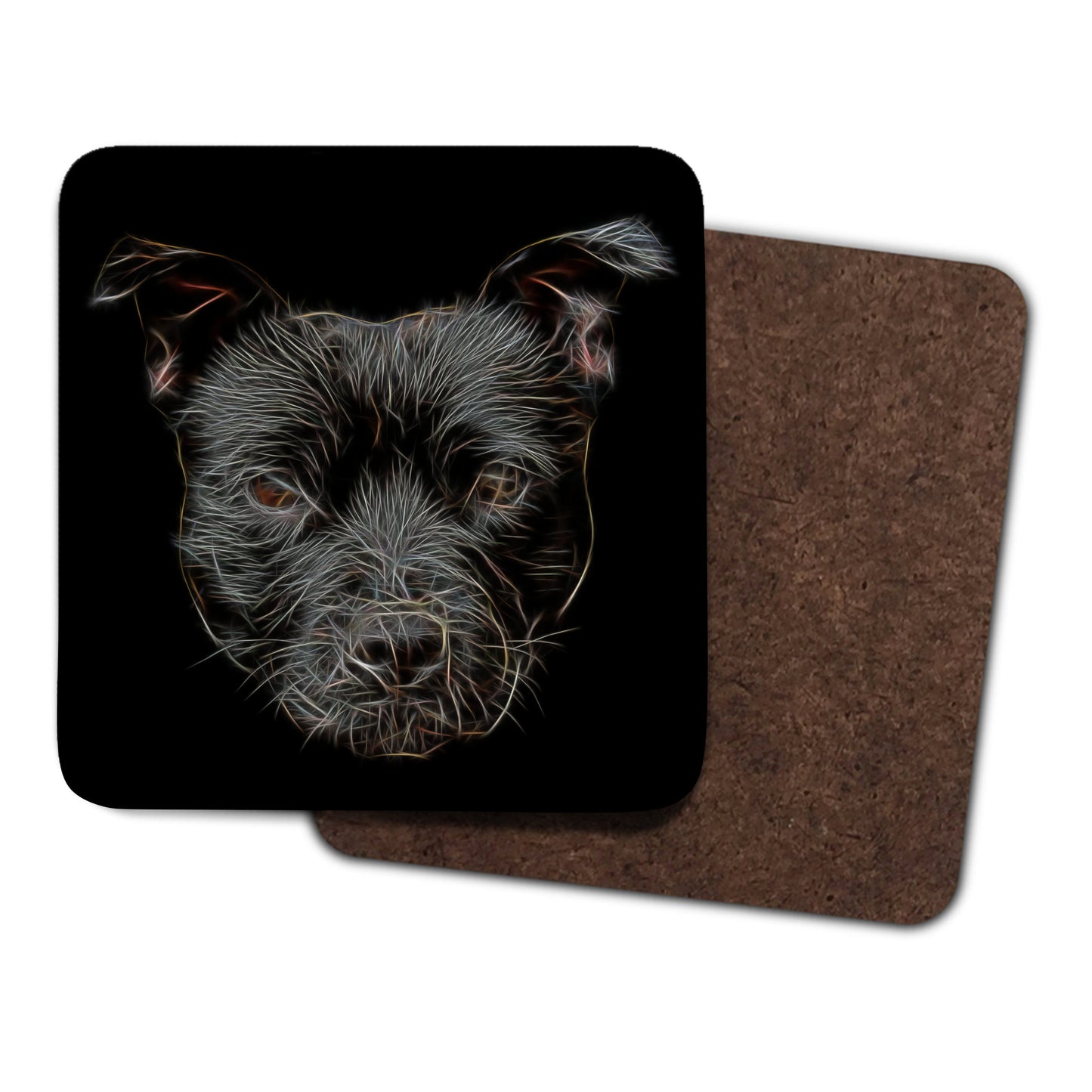 Black Staffordshire Bull Terrier Coasters, Set of 4, with Stunning Fractal Art Design. Perfect Dog Owner Gift.