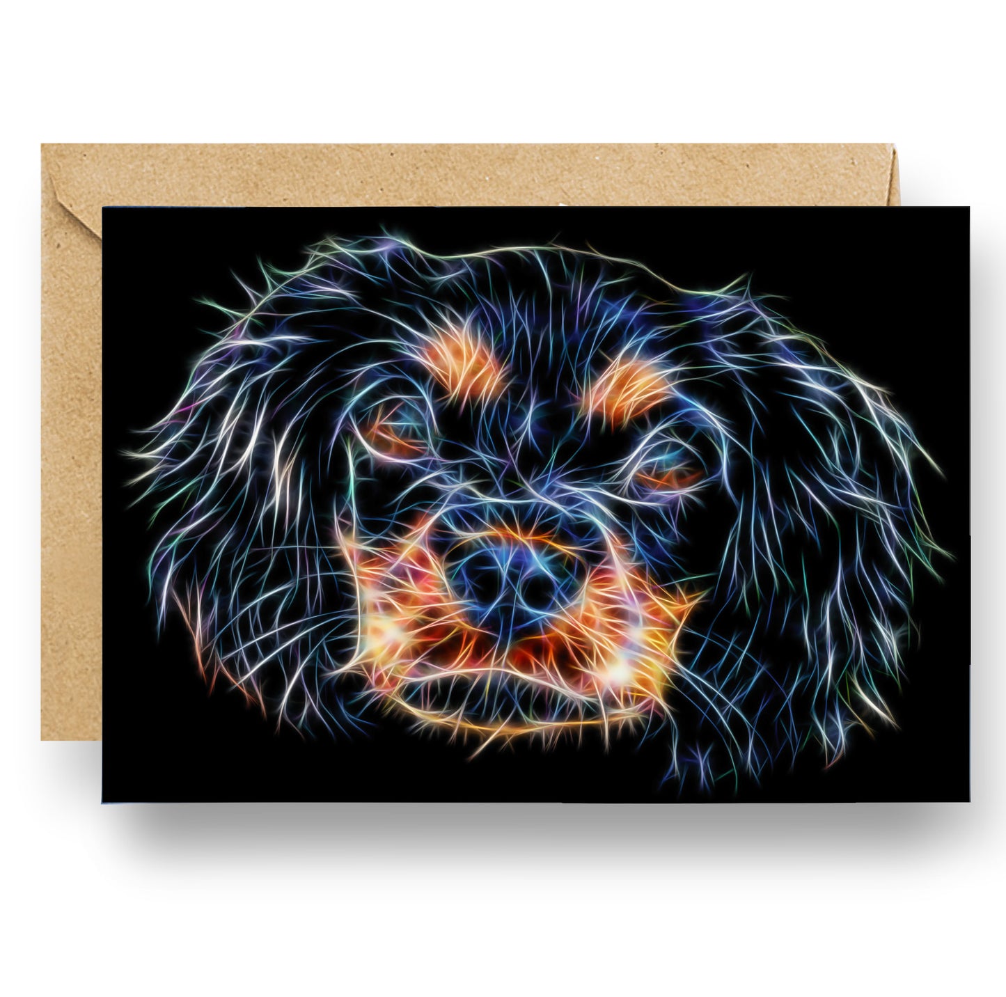 Black and Tan Cavalier King Charles Spaniel Blank Birthday Greeting Card with Stunning Fractal Art Design #1-1