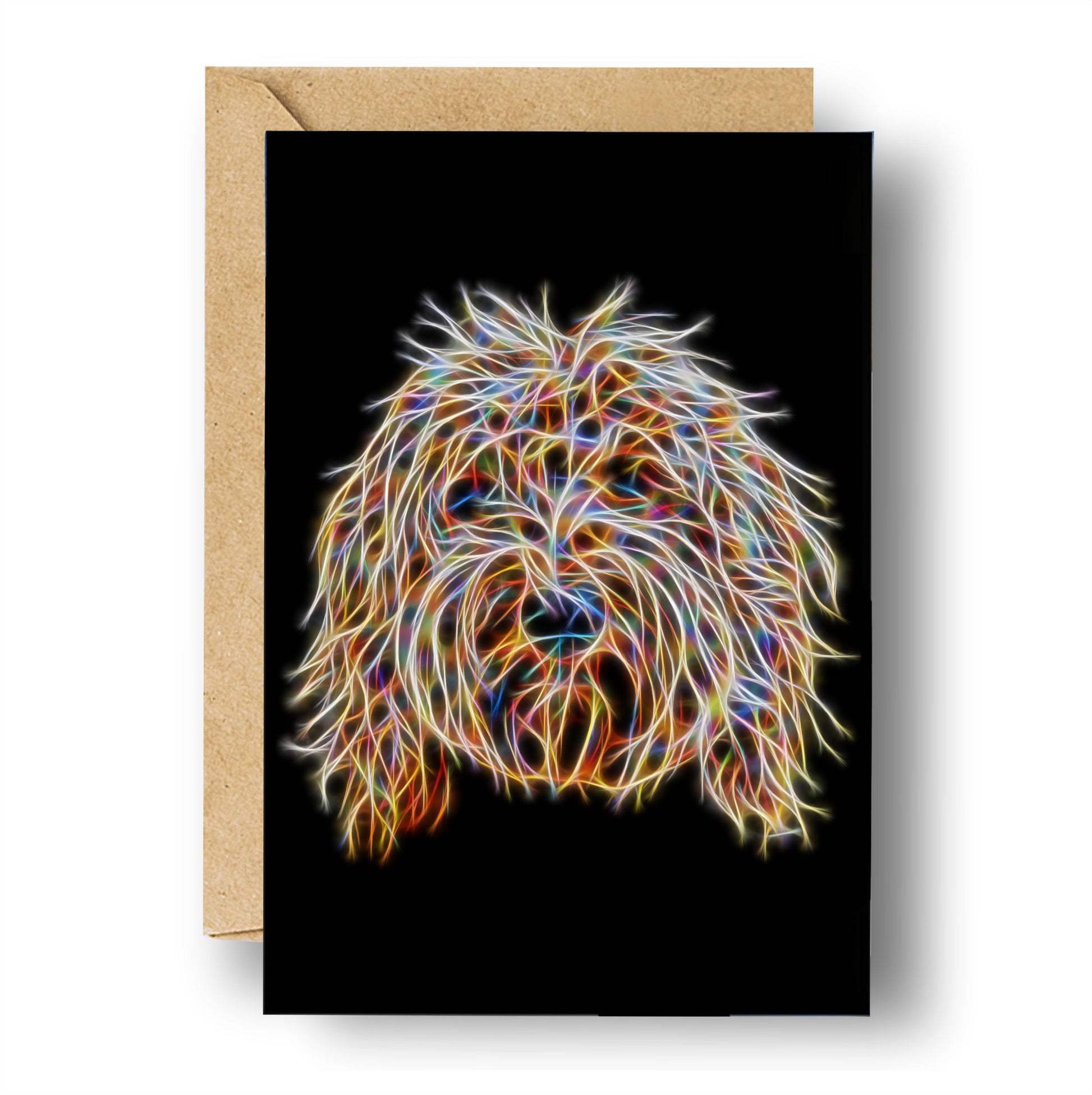 Gold Labradoodle Blank Birthday Greeting Card with Stunning Fractal Art Design