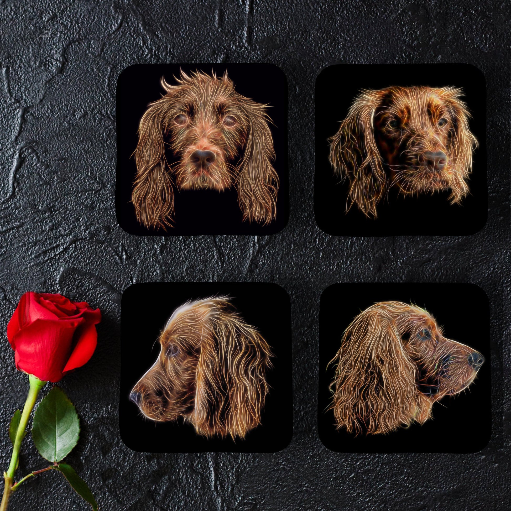 Red Working Cocker Spaniel Coasters, Set of 4, with Stunning Fractal Art Design.