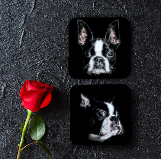 Boston Terrier Coasters, Set of 2, with Stunning Fractal Art Design.