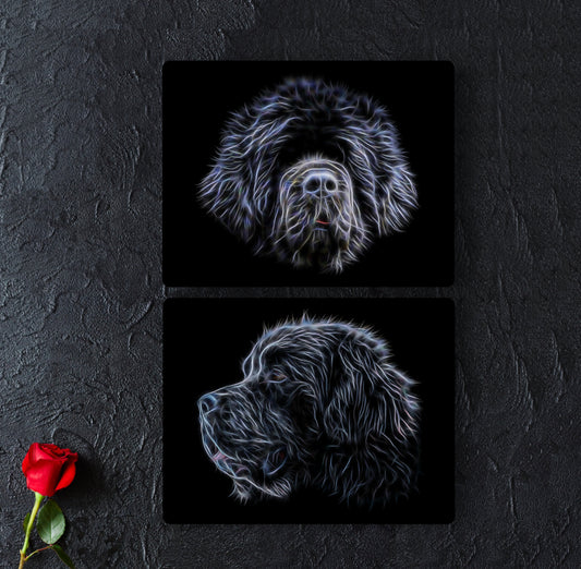 Black Newfoundland Dog Metal Wall Plaque with Fractal Art Design.