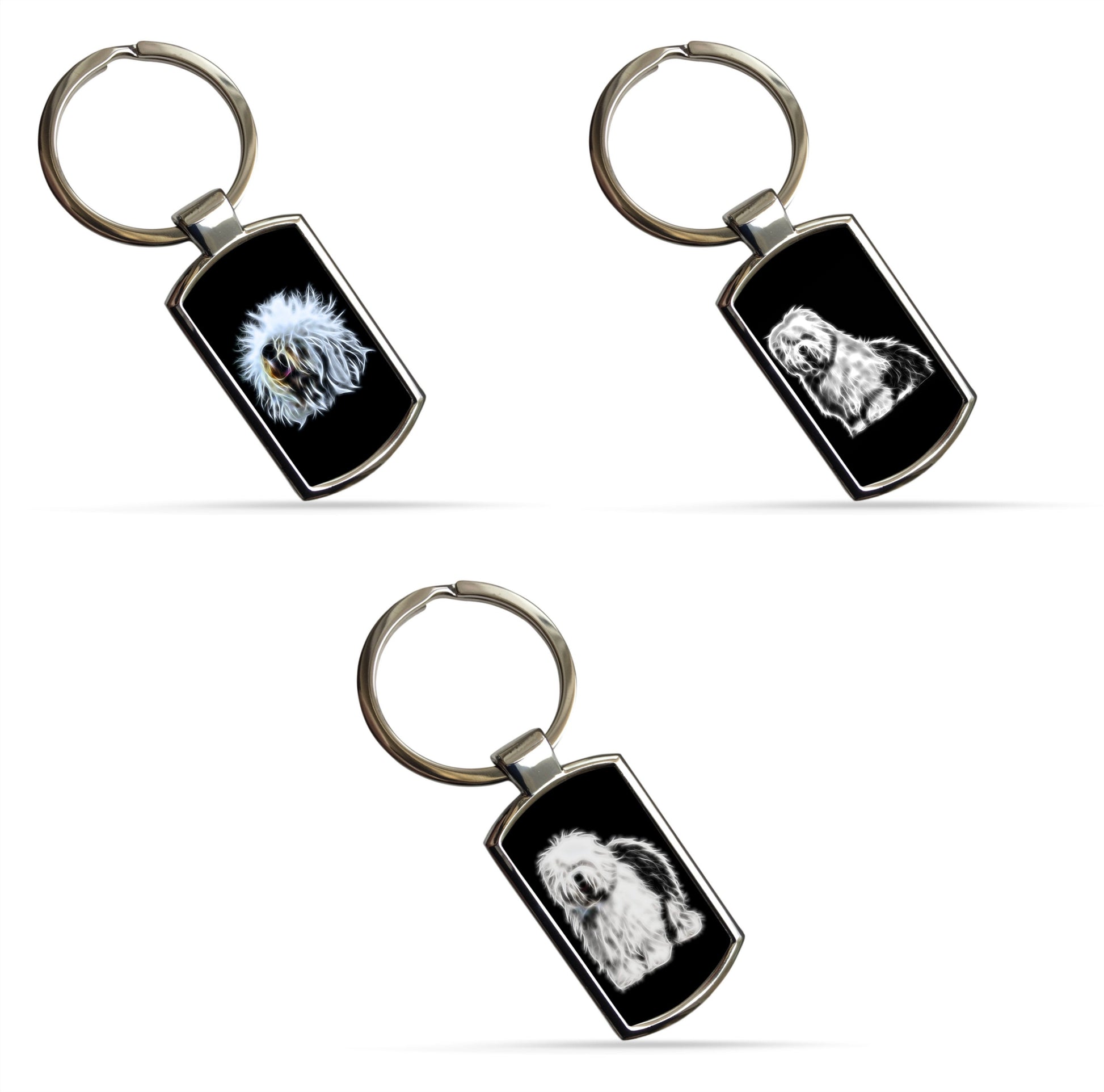 Old English Sheepdog Keychain, Keyring, Bagtag with Stunning Fractal Art Design. A Perfect Gift for Dog Lover.