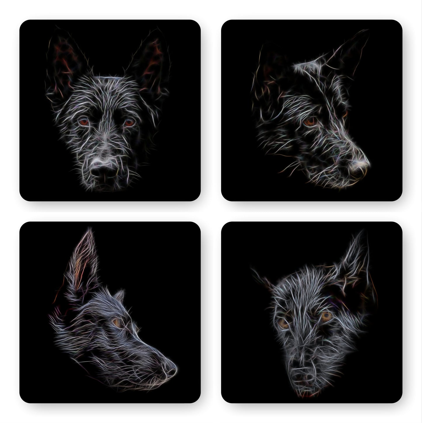 Black German Shepherd Coasters, Set of 4, with Stunning Fractal Art Design. Perfect Dog Lover Gift.