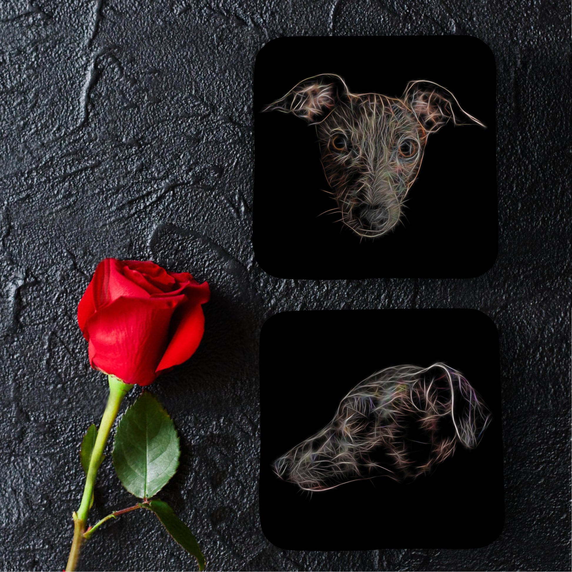 Italian Greyhound Coasters, Set of 2, with Stunning Fractal Art Design.