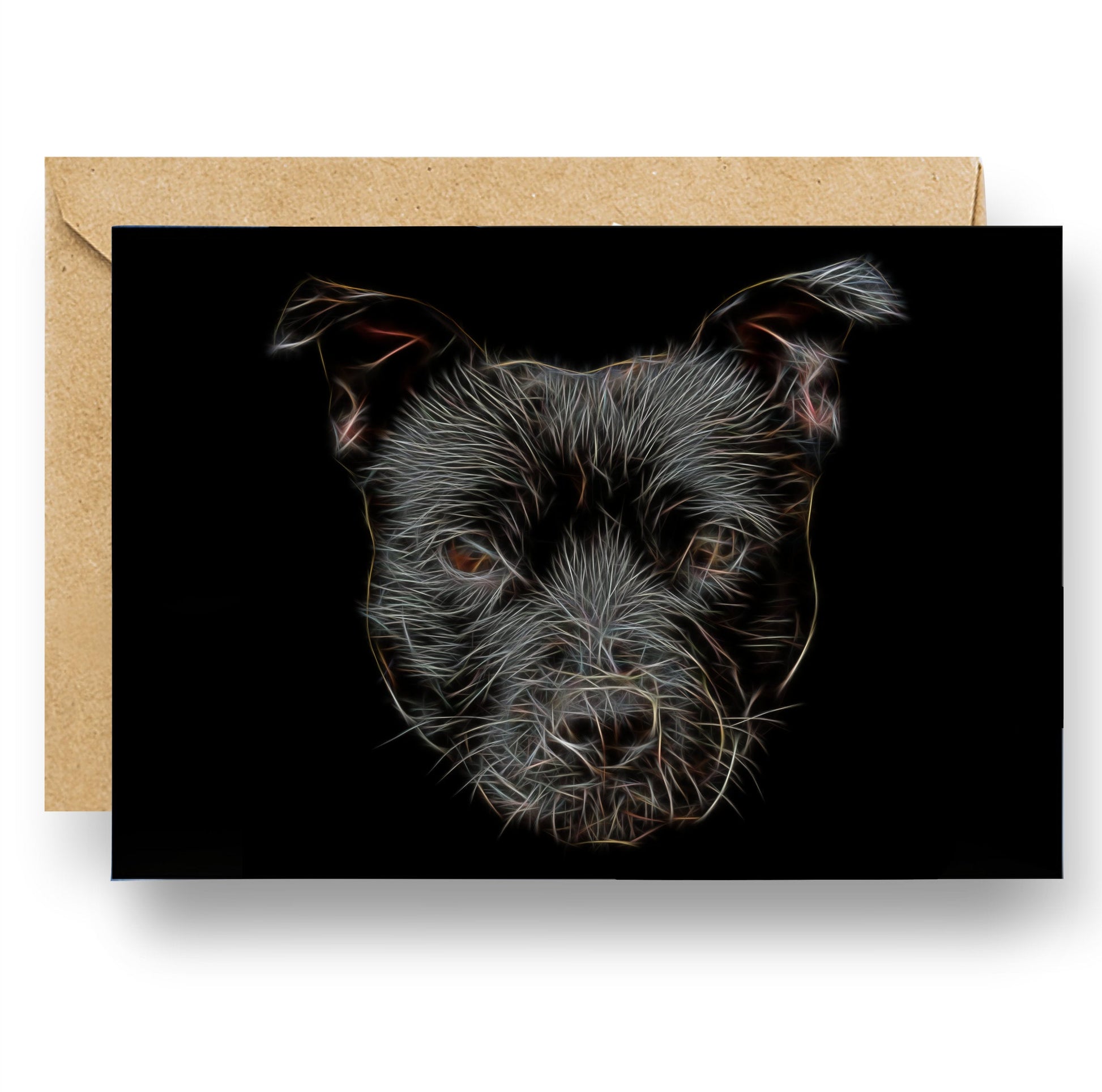 Black Staffordshire Bull Terrier Blank Birthday Greeting Card with Stunning Fractal Art Design. Black Staffy Card