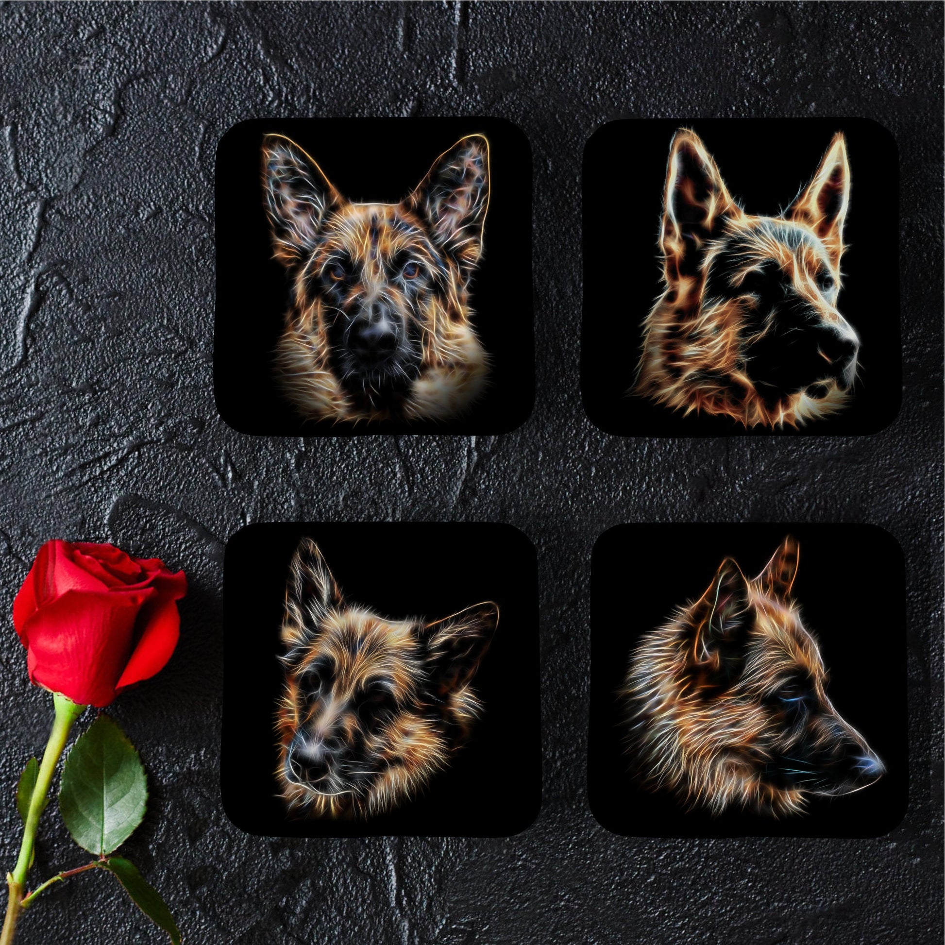 Black & Tan German Shepherd Coasters, Set of 4, with Stunning Fractal Art Design. Perfect Dog Lover Gift.