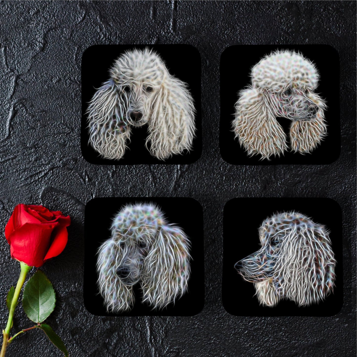 White Standard Poodle Coasters, Set of 4, with Stunning Fractal Art Design. Perfect Poodle Owner Gift.