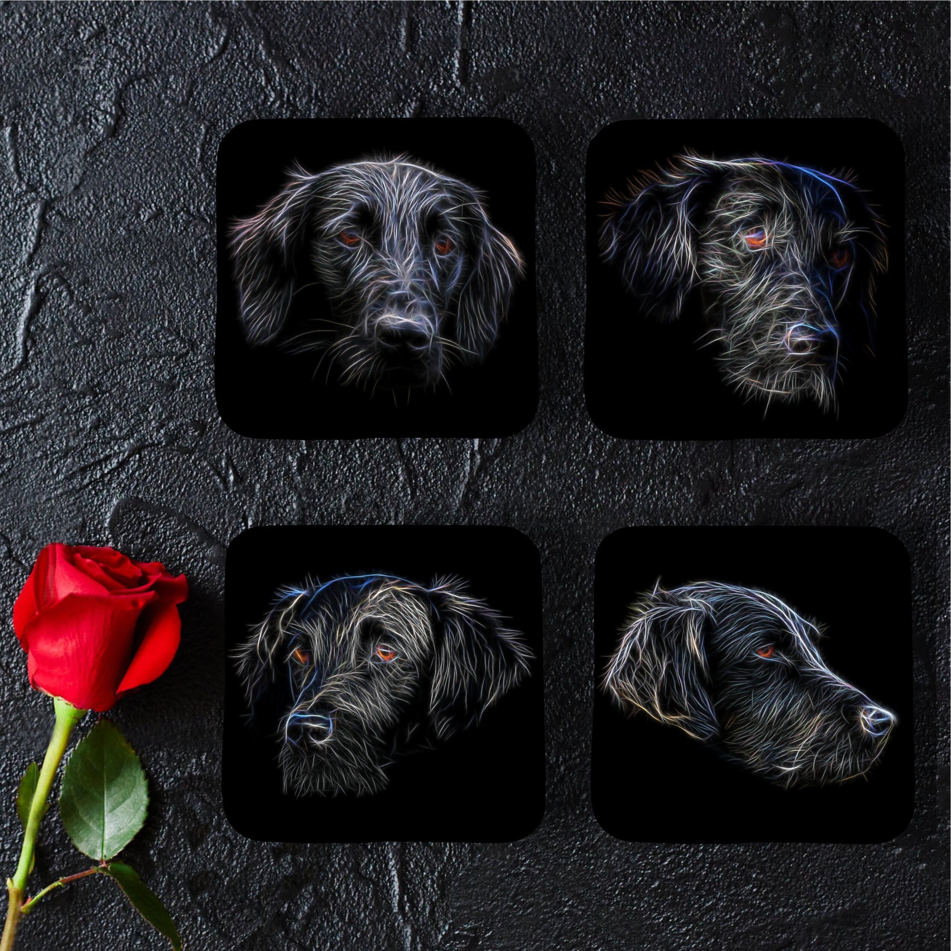 Flat Coated Retriever Coasters, Set of 4, with Stunning Fractal Art Design, Perfect Dog Owner Gift